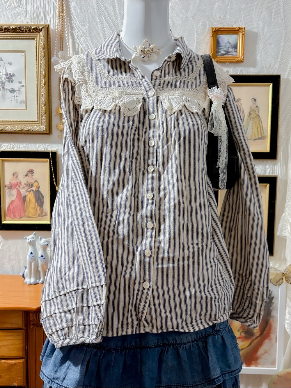 Cottage coquette prairie girly lace stripe cotton cream & blue button blouse